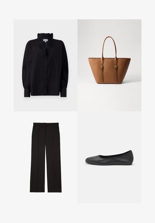 Črna bluzica z nabranim ovratnikom in dolgimi, napihnjenimi rokavi. Ima zapenjanje spredaj in ohlapen kroj iz gladkega materiala.; Črne krojene hlače iz gladkega materiala, s straight-leg obliko in dvema stranskima žepoma. Elegantna in minimalistična zasnova.; Črne usnjene balerinke z zaobljenim nosom, gladko teksturo, minimalnimi šivi in fleksibilno zasnovo podplata.; Rjava usnjena torba z teksturo, z obratnim oblikom, dvema trdnima ročajema in dekorativnimi akcenti v zlatem tonusu.