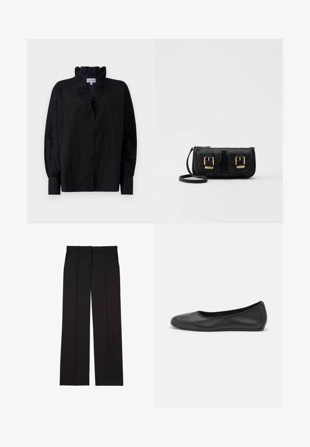 Svart bluse med rynket krage og lange, puffede ermer. Har knappestolpe foran og en løs passform i et glatt stoff.; Sorte skreddersydde bukser laget av et glatt stoff, med rett ben-design og to sidelommer. Elegant og minimalistisk konstruksjon.; Svart skinnballettflatt med rund tå, glatt tekstur, minimal sømdetalj, og et fleksibelt såledesign.; Svart skinn crossbody veske med to frontlommer, gyldne spenner, glidelåslukking og en slank stropp. Teksturert overflate og kompakt rektangulær form.
