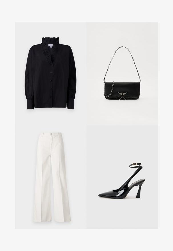 Black blouse with a ruffled collar and long, puffed sleeves. Features a button-down front and a loose fit in a smooth fabric.; White wide-leg trousers made from cotton with a smooth texture. Features a front button, zipper fly, and four-pocket design.; Black patent leather slingback high heels with a pointed toe, adjustable ankle strap, and a moderate block heel. Smooth texture with glossy finish.; Black leather handbag with a silver chain strap, featuring decorative wing accents and white stitching along the bottom seam.