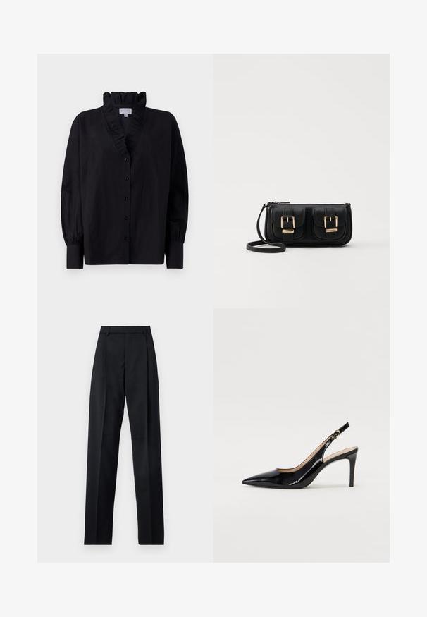 Black blouse with a ruffled collar and long, puffed sleeves. Features a button-down front and a loose fit in a smooth fabric.; Black trousers made from smooth fabric featuring a high waist, wide legs, front pleats, and classic belt loops. No side pockets visible.; Black patent leather slingback pump with pointed toe, slim heel, and a subtle cutout design. Features a gold buckle on the strap.; Black leather crossbody bag with two front pockets, gold buckles, zipper closure, and a slim strap. Textured surface and compact rectangular shape.