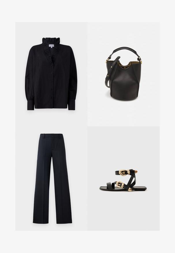 Melna blūze ar volānu apkakli un garām, pūkainām piedurknēm. Izcelsme ir pogu aizdare priekšā un brīva piegriezuma forma no gludas auduma.; Melni plaša kāju bikses. Pielāgota piegriezuma ar gludu tekstūru. Malu šuvēs ir rinda metālisku punktu kā dekorācija.; Melni ādas sandales ar zelta sprādzēm, ar vairākām siksnām un plakanu zoli, piemērotas valkāšanai ar atvērtu purngala.; Melnas ādas spainīša somas ar teksturētu apdari, zelta metāla aksesuāriem un atvērtu augšu. Piedāvā īsu rokturi un regulējamu plecu siksnu.