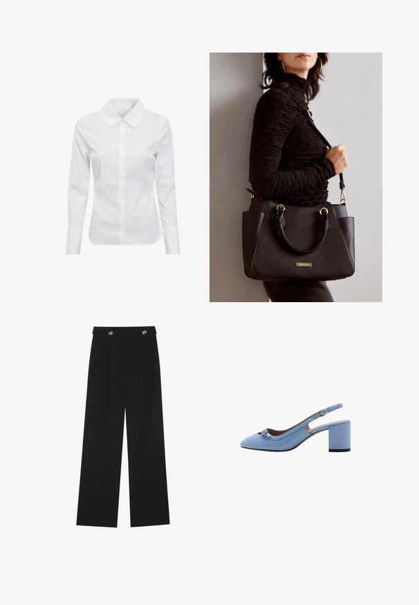 Camicia bianca a maniche lunghe con colletto classico, chiusura frontale con bottoni e tessuto di cotone liscio. Design minimalista, senza motivi o accenti.; Pantaloni neri a gamba larga con vita alta, dettagli con bottoni in vita e pieghe frontali.; Mango Decolleté - dark blue; Borsa nera con superficie texturizzata, manici superiori doppi e tracolla regolabile. Dotata di hardware color oro e tasche laterali.