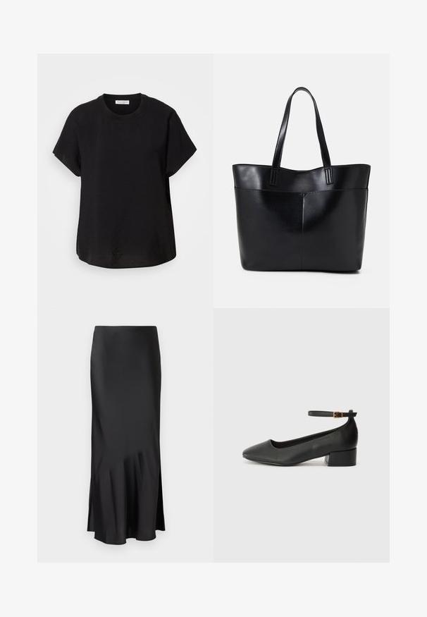 Musta lyhythihainen t-paita pyöreällä pääntiellä. Valmistettu kevyestä kankaasta, jossa on rento malli ja suora helma alhaalla.; Musta satiinimidihelma, jossa on tyylikäs muotoilu, hienovarainen flare helman kohdalla ja sivuaukko liikkumisen helpottamiseksi. Sujuva rakenne.; Mustat nahkakengät, joissa on terävä kärki ja matala lohkare korko. Varustettu nilkkahihnalla, jossa on kultasävyinen solki. Lisää sileä pinta.; Musta nahkainen kassi, jossa on kaksi pitkää kahvaa, sileä pinta ja jämäkkä muoto. Sisältää etutaskun lisävarastointia varten.