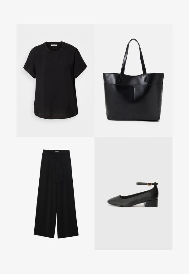 Fekete rövid ujjú póló kerek nyakkivágással. Könnyű anyagból készült, laza fazonnal és egyenes végű aljjal.; Fekete, bő szárú nadrág, texturált anyagból, rugalmas derékpánttal és levehető sállal a derekán, amely állítható illeszkedést biztosít.; Fekete bőr magassarkú cipő hegyes orral és alacsony tömb sarkal. Bokapánttal rendelkezik, aranyszínű csattal. Simább textúra.; Fekete bőr bevásárlótáska két hosszú fogantyúval, sima felülettel és strukturált formával. Elülső zseb található rajta a plusz tárolás érdekében.