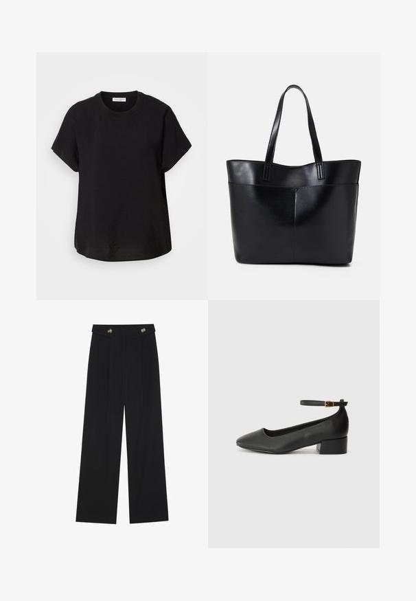 Mustale lühikese varrukaga T-särk, ümmarguse dekolteega. Valmistatud kergest kangast, lõdva istuvuse ja sirge äärisega all.; Mustad laiad püksid kõrge vöökoha ja nööpdetailidega vööandil, esikortsudega.; Must mustaapp, millel on terav nina ja madal blokk-kand. Omab pahkluu rihma koos kuldse tooni pandlaga. Sile tekstuur.; Must mustaga musta nahast, millel on kaks pikka kanda, sile tekstuur ja struktureeritud kuju. Esipoolsel on lisakoti jaoks tasku.