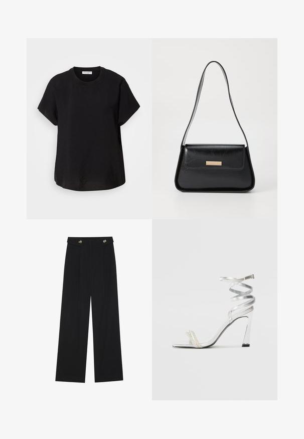 Svart t-skjorte med korte ermer og rund hals. Laget av lett stoff, med en avslappet passform og en rett kant nederst.; Svart vide bukser med høy midje, knappdetaljer på midjebåndet og frontplisser.; Sølv høyhælte sandaler med et glitrende stroppdesign, som har en perle-lignende akcent og en spiralformet ankelstropp for sikker passform.; Svart lærveske med en strukturert, triangulær form, tynn stropp og detaljer i gulltone som har en logo-plakett på den fremre klaffen.