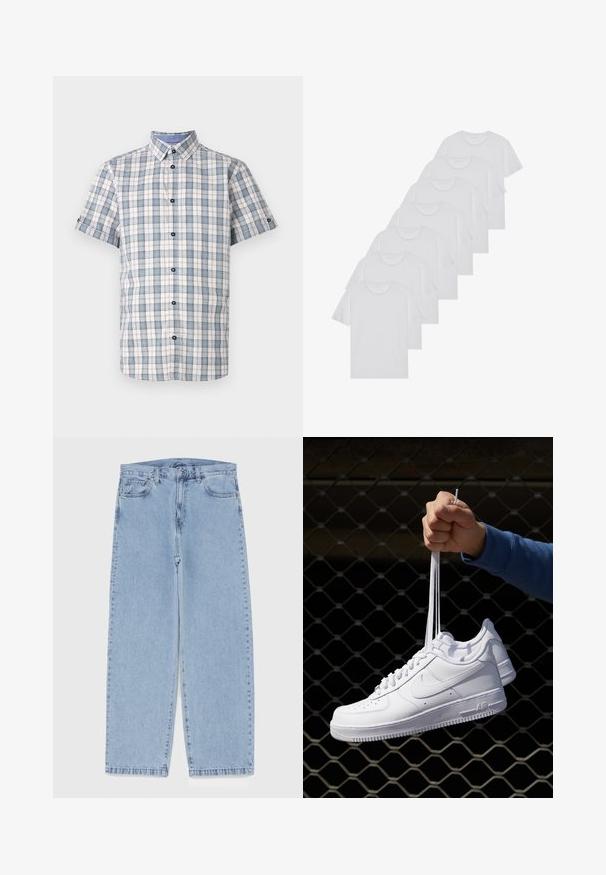 Košulja kratkih rukava s kari uzorkom u bijeloj, plavoj i crvenoj boji. Ima ovratnik, tamne dugmadi i dizajn s rešetkastim uzorkom.; Bijele pamučne majice, kratki rukavi, dizajn s okruglim izrezom, jednostavne teksture, složene u red, s suptilnim brendiranjem na izrezu.; Svijetloplave traperice s ravnim nogavicama, sa srednjim strukom, pet džepova i zatvaranjem na dugme i patentni zatvarač.; Bijele kožne tenisice s perforacijama, okruglim vrhom, ravnim potplatom i debelim vezicama, s vidljivim swoosh logom i natpisom "AIR" na peti.