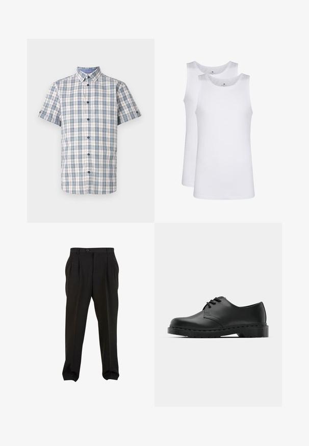 Kratký rukáv, károvaná košeľa na gombíky v bielej, modrej a červenej farbe. Má golierik, tmavé gombíky a vzor s mriežkou.; Biele bavlnené tielka, bezrukávový dizajn, okrúhly výstrih, hladká textúra, vyrobené z jemnej a ľahkej látky. Zobrazené sú dva kusy.; Čierne nohavice s hladkým materiálom, s prednými skladmi, pásom na gombík a cappami s užším strihom okolo členkov. Klasický strih s presne tvarovaným vzhľadom.; Čierne kožené oxfordky s viazaním, zaoblenou špičkou, plochou gumovou podrážkou a jemným prešívaním pozdĺž hornej časti.
