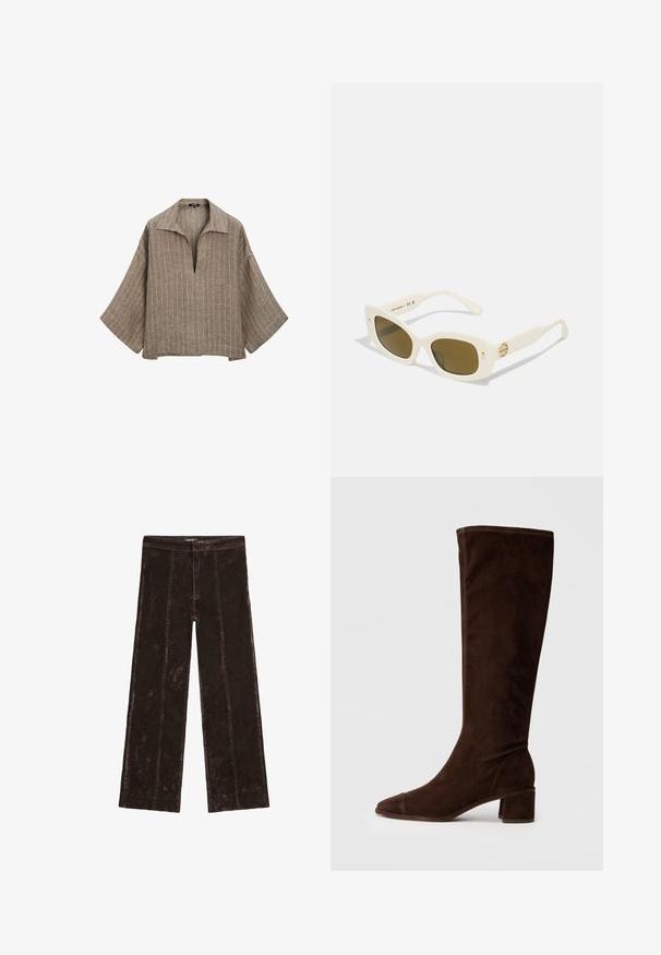 Brązowa lniana bluzka z kołnierzykiem, głębokim dekoltem w serek i szerokimi rękawami dzwonowymi. Posiada pionowe białe paski oraz luźny, pudełkowy fason.; Spodnie o szerokich nogawkach w ciemnym brązie, z teksturą przypominającą zamsz, z pionowymi szwami oraz elastycznym pasem dla wygody.; Brązowe zamszowe kozaki do kolan z zakończeniem w szpic i szerokim obcasem. Posiadają gładką, gładką teksturę i minimalne detale w szwie.; Białe plastikowe okulary przeciwsłoneczne z prostokątną oprawką, brązowymi soczewkami i złotym akcentem na zauszniku. Gładka tekstura i nowoczesny design.; Brązowa zamszowa torba tote z podwójnymi uchwytami, zapięciem na guzik oraz luźnym, lekko opadającym kształtem.