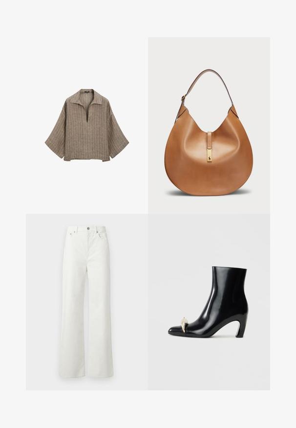 Brun hørbluse med krave, dyb V-hals og brede klokkeærmer. Har lodrette hvide striber og en afslappet, boxy silhouette.; Samsøe Samsøe SHELLY - Jeans Relaxed Fit - clear cream; Sort ankelstøvle lavet af blank læder, med spids tå og en dekorativ guld- og sølvaccent foran. Design med blokhæle.; Tan lædertaske med en buet form og en bred skulderrem. Har et guld metalaccent i midten og en glat overflade.