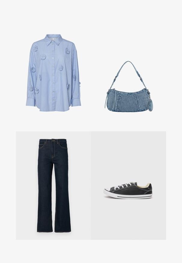 Blue and white striped shirt with a collar, featuring fabric rose appliqués and long sleeves, made from lightweight cotton material.; Dark blue straight-leg denim jeans with front pockets, belt loops, and a button closure at the waistband against a white background.; Converse CHUCK TAYLOR ALL STAR DAINTY LUCKY - Trainers - black/white; Denim handbag with a curved shape, light blue color, adjustable shoulder strap, and a small detachable pouch with metallic accents.