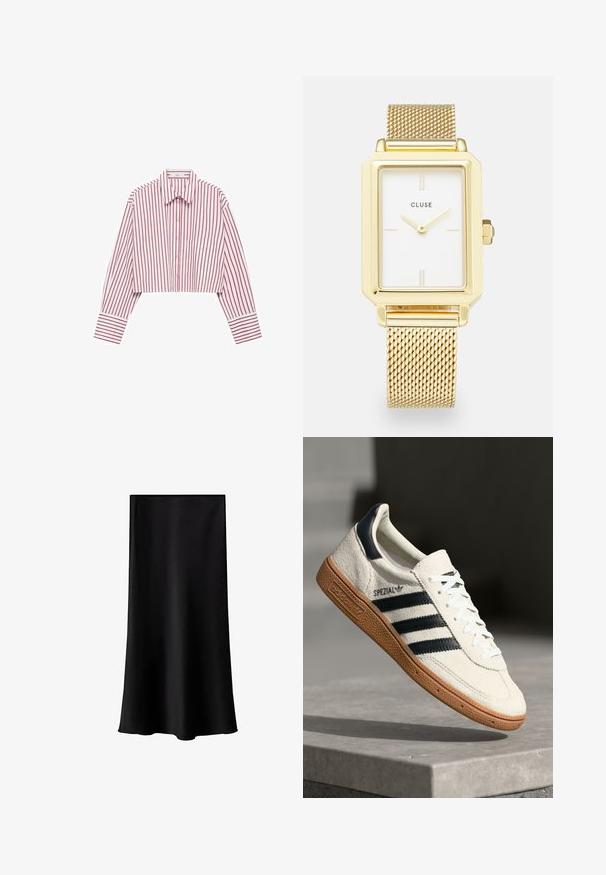 Cămașă scurtă cu mâneci lungi, cu dungi verticale roșii și albe, guler ascuțit, clițuri pe față și un buzunar pe piept.; Fustă midi neagră, realizată dintr-un material neted, ușor. Are o croială dreaptă, fără accesorii vizibile și un design simplu, fără modele.; Sneakers albe din suede cu dungi bleumarin, talpă din cauciuc, suprafață texturată, bot rotund și șireturi; prezintă brand pe lateral și pe limbă.; Ceas rectangular de culoare aurie cu un cadran alb, marcaje de oră minimaliste și o brățară din plasă metalică. Prezintă o coroană pe lateral pentru ajustarea timpului.