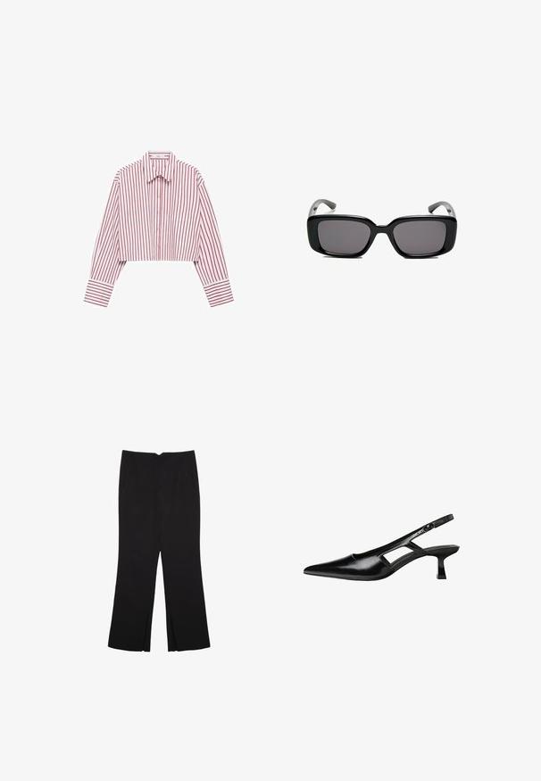 Cropped shirt with long sleeves, featuring red and white vertical stripes, a pointed collar, front buttons, and a chest pocket.; Black trousers with a straight fit, featuring front pockets and side slits at the hem. Made of soft, smooth fabric. Suitable for various occasions.; Black patent leather slingback heels with a pointed toe, cut-out side design, and a small square heel. Smooth texture with minimal accents.; Black rectangular sunglasses with dark lenses, smooth plastic frame, and curved temples. The design is chunky with a minimalist aesthetic.