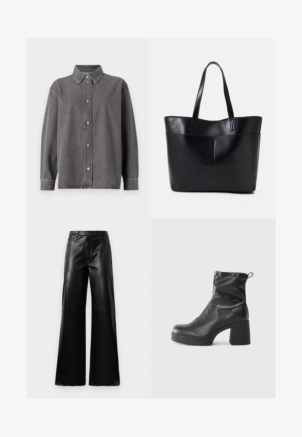 Grå denimskjorte med knappelukking foran, lange ermer og spiss krage. Har to frontlommer og en avslappet passform.; Sorte høy midje vide ben bukser i imitert skinn med knapp foran, glidelås, beltehemper og sidelommer på hvit bakgrunn.; Svarte ankelstøvler laget av glatt lær, med glidelås på siden, chunky strukturert hæl, og rund tå-design.; Svart lær toteveske med to lange håndtak, en glatt tekstur og en strukturert form. Har en frontlomme for ekstra oppbevaring.