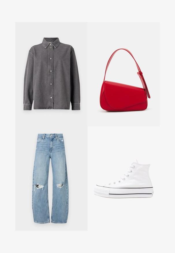 Camisa de ganga cinza com fecho de botões à frente, mangas longas e colarinho pontudo. Apresenta dois bolsos frontais e um ajuste descontraído.; Jeans de lavagem clara, de cintura alta, feitos de denim. Apresentam pernas largas, duas áreas rasgadas nos joelhos e o estilo clássico de cinco bolsos.; Sapatilha alta de tela branca com sola de borracha preta, bico de borracha na frente e seis ilhós para os atacadores, apresentando um design limpo e minimalista.; Bolsa de mão em couro vermelho com um design angular e geométrico. Apresenta uma única alça ajustável e um fecho com aba, com detalhes cosidos.