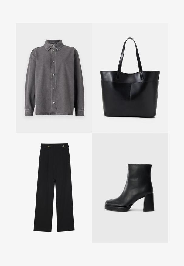 Pelēks denima krekls ar pogu slēgšanu priekšā, garām piedurknēm un izliektu apkakli. Iekļauj divas priekšējās kabatas un brīvu griezumu.; Melnas platās bikses ar augstu jostasvietu, pogu detaļām uz jostas un priekšējām krokām.; Melna ādas potīšu zābaku ar bloku papēdi un platformas zoli, skatīts no sāna uz vienkārša balta fona.; Melnas ādas iepirkumu soma ar divām garām rokturām, gludu tekstūru un strukturētu formu. Iekļauj priekšējo kabatu papildu uzglabāšanai.