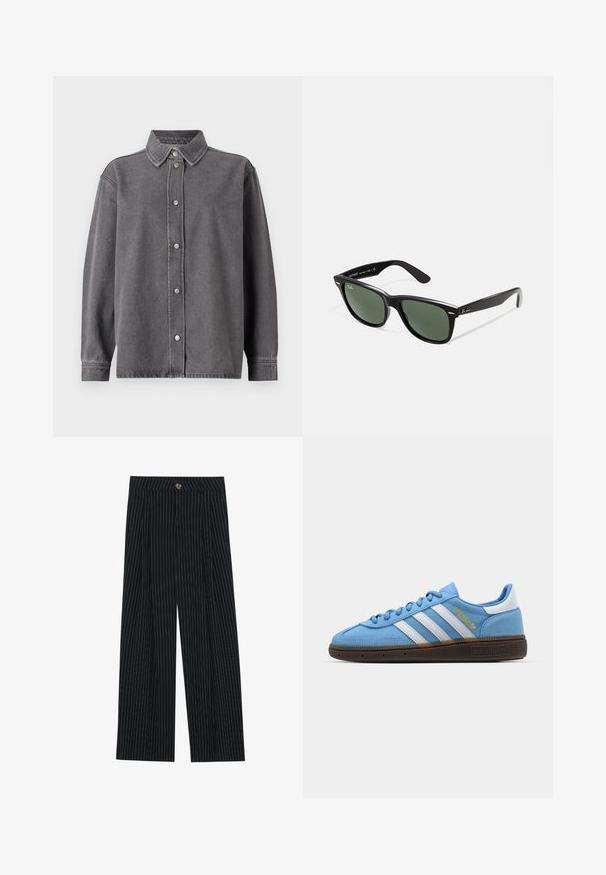 Cămașă din denim gri cu un guler cu nasturi, manșete lungi și guler ascuțit. Are două buzunare frontale și o croi lejer.; Pantaloni largi cu dungi negre, confecționați dintr-un material texturat, dotati cu închidere frontală cu nasture și un design pliat pentru un plus de interes.; Adidași din suede albastru deschis cu dungi de piele albă, talpă texturată maro și detalii cu logo auriu. Design low-top cu vârf rotunjit.; Ochelari de soare din plastic negru cu lentile verzi, rame pătrate, accent argintiu pe sprânceană și brațe texturate. Marca este menționată pe brațul interior.
