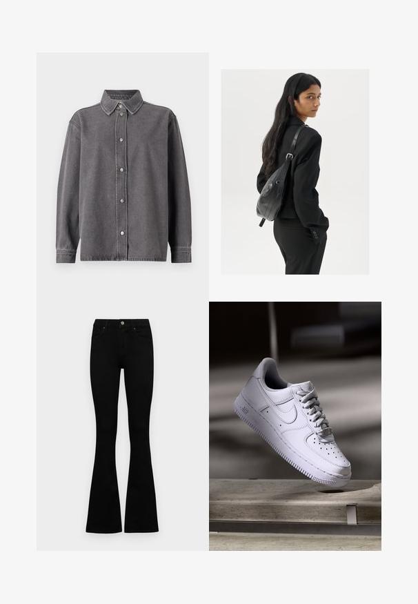 Sivi traper košulja s dugim rukavima, gumbima sprijeda i šiljastim ovratnikom. Ima dvije prednje džepove i opušteni kroj.; Crne traperice viskog struka s kopčanjem na gumb i rajfeslusu, prednjim džepovima i širom nogavicama položene su ravno na bijeloj pozadini.; Nike Sportswear AIR FORCE 1 07 - Tenisice - white; Žena s dugom tamnom kosom koja nosi crno odijelo, drži crnu kožnu torbu preko ramena i gleda unazad na bijeloj pozadini.