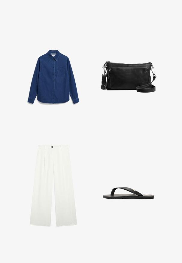 Denim shirt in dark blue with long sleeves, button front, pointed collar, single chest pocket, and subtle stitching detail.; Wide-leg trousers in white fabric, featuring a single black button at the waist, two front pockets, and a smooth, crisp texture.; Black flip-flop sandal with a flat sole, textured black insole, smooth straps, and a small gold accent near the toe post.; Black leather crossbody bag with a zippered main compartment, front pocket, silver hardware, and an adjustable strap. Smooth texture.