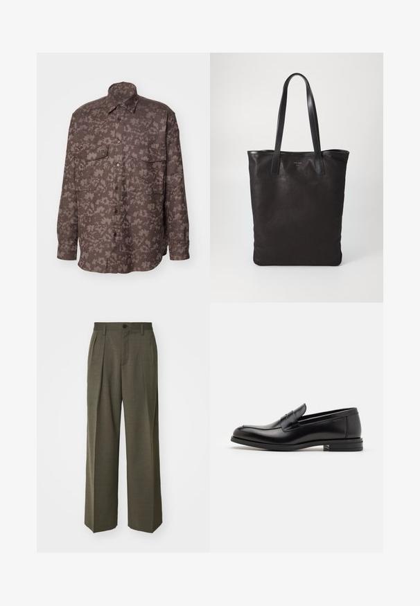 Camisa de manga longa feita de tecido castanho texturizado com um padrão de folhas, apresentando dois bolsos no peito e fecho frontal com botões.; Filippa K WIDE TROUSERS - Calças - driftwood; Mocassins de couro preto com uma textura suave, bico arredondado e uma faixa decorativa sobre o peito do pé. Salto baixo e empilhado, design minimalista.; Saco de lona preto com alças de couro pretas. Design simples, corpo espaçoso e textura suave. Sem logótipos ou padrões visíveis.