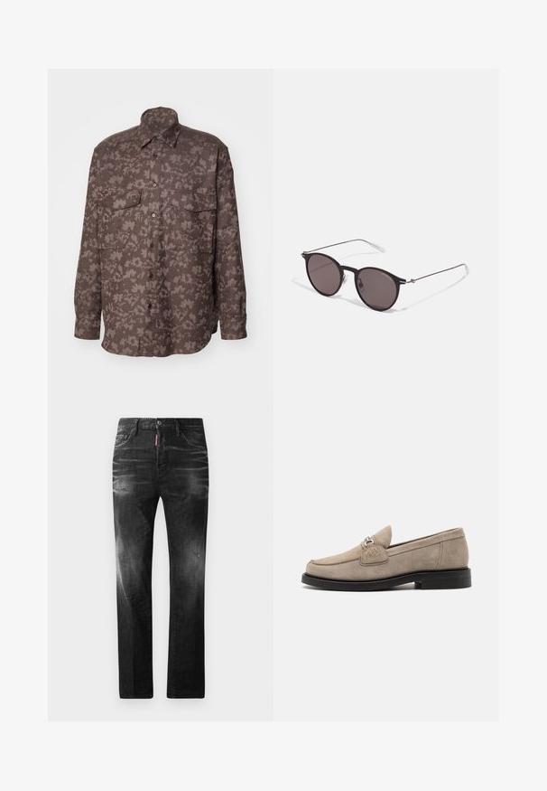 Pitkähihainen paita, joka on valmistettu teksturoidusta ruskeasta kankaasta, jossa on lehtikuvio. Paidassa on kaksi rintataskua ja edessä napitus.; Mustat denimfarkut suoralla istuvuudella. Ominaisuuksiin kuuluu haalistuneita alueita, pieniä kulumia, klassinen viiden taskun malli sekä nappisulku.; Beige mokasineri suede-pintaan mustalla litteällä pohjalla, jossa on koristeellinen hopeinen solki ja huomaamattomat tikkausdetailit päällä.; Musta pyöreä aurinkolasit tummilla linsseillä ja kapeilla metallikehyksillä. Sisältää kirkkaat temppelet ja hopeiset yksityiskohdat saranassa. Minimalistinen muotoilu.