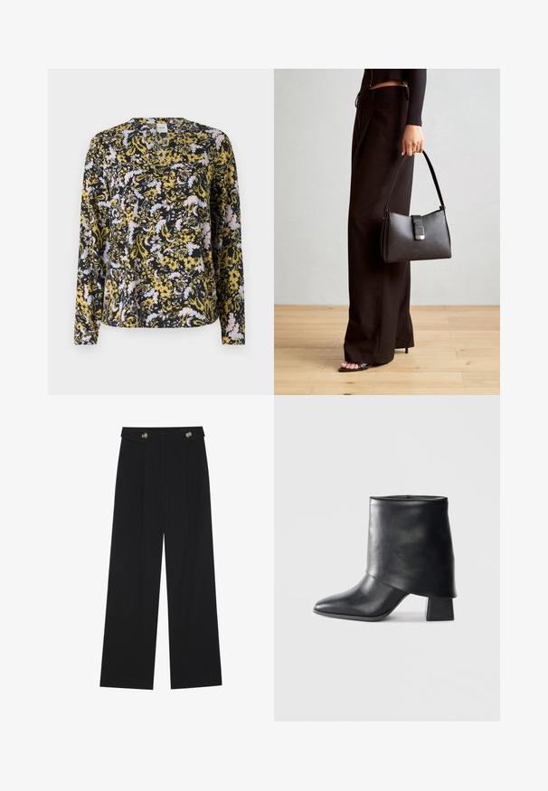 Långärmad blus i svart, med ett blommönster i gult, ljusblått och rosa. V-ringning och mjukt, lätt tyg.; Svarta vida byxor med hög midja, knäppdetaljer i midjan och framfickor.; Svart läder ankelboot med spetsig tå, slät textur och en strukturerad blockklack. Har en hög, vikbar krage.; Svart handväska med strukturerad form, slät yta och metallspänne. Matchad med vida svarta byxor och sandaler med öppen tå på trägolv.