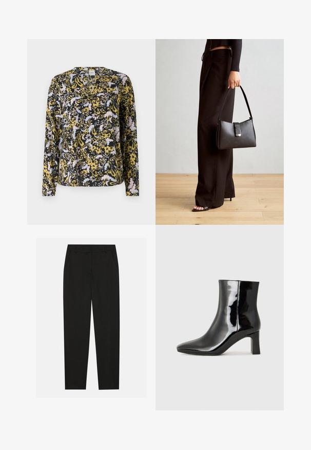 Fekete, hosszú ujjú blúz, sárga, világoskék és rózsaszín virágmintával. V kivágású dizájn és puha, könnyű anyag.; Fekete nadrág testreszabott kialakítással, oldalsó zsebekkel és egyenes lábbal. Simább, könnyű szövetből készült, elegáns felülettel.; Fekete lakk bőrcipő bokáig érő, hegyes orral és közepes magasságú tömbsarokkal. Simább textúrával és minimalista dizájnnal rendelkezik.; Fekete kézi táska strukturált formával, sima textúrával és fémből készült záródással. Széles fekete nadrággal és nyitott orrú szandállal párosítva, fából készült padlón.
