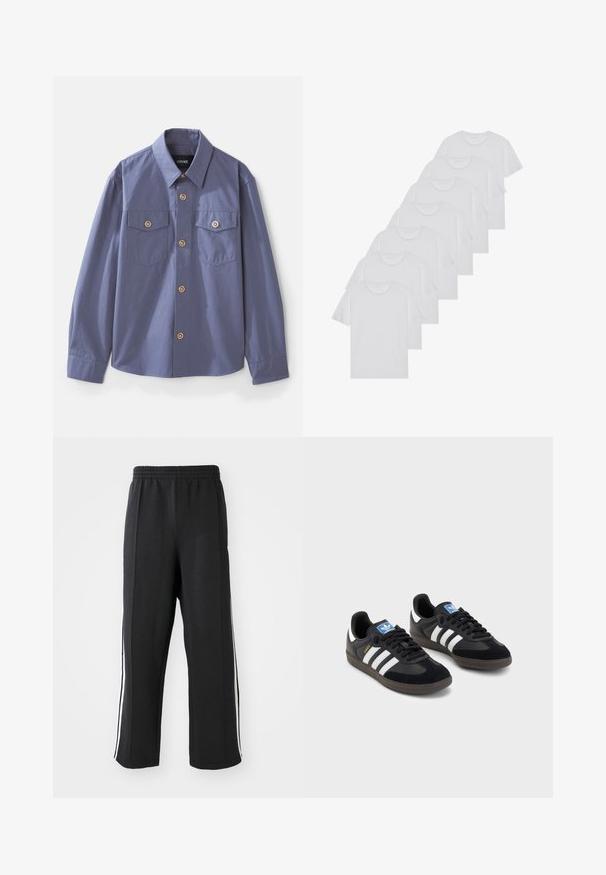 Kreklu ar pogām slate blue krāsā, izgatavots no gludas auduma, ar divām krūšu kabatām, zelta krāsas pogām un standarta apkakli.; Baltie kokvilnas T-krekli, īsas piedurknes, apaļas izgriezuma dizains, vienkārša tekstūra, sakrauti rindā, ar smalku zīmolu pie kakla izgriezuma.; Melni sporta bikses ar elastīgu jostu, kurām ir baltas sānu joslas un brīvs piegrieziens. Izgatavotas no mīksta, elastīga auduma.; Melnas sporta apavas ar zamšādas un sintētisku augšdaļu, ar trim baltām svītrām, teksturētu gumijas zoli un zilu logo birku uz mēles.