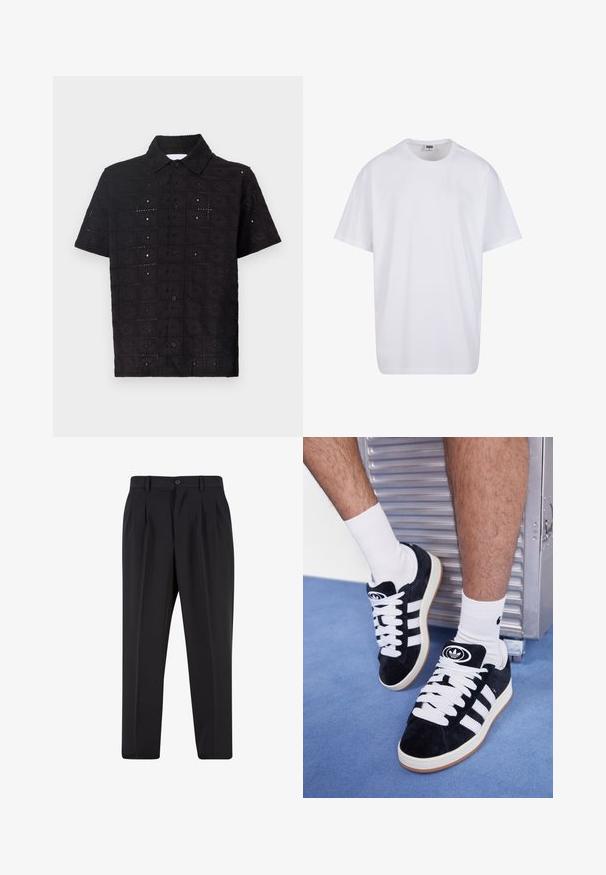 Trumpas rankovės juodas marškinėlis, pagamintas iš tekstūruotos medžiagos, su išsiuvinėjimu gėlių raštu ir apykakle su mygtukų uždarymu.; Balta medvilninė marškinėlių užsagėlė su trumpomis rankovėmis, apvaliu kaklu, laisva forma ir be matomų logotipų ar raštų. Lygi tekstūra ir minimalus dizainas.; Juodi kelnių su raukšlėtu priekiu dizainu, pagaminti iš lygaus audinio. Su mygtuko užsegimu ir diržo kilpomis; tiesios kojų formos.; Juodos zomšos sportbačiai su baltais raišteliais ir trimis baltais dryžiais. Ant liežuvėlio yra apvalus juodas logotipas, o pado medžiaga – guminė.