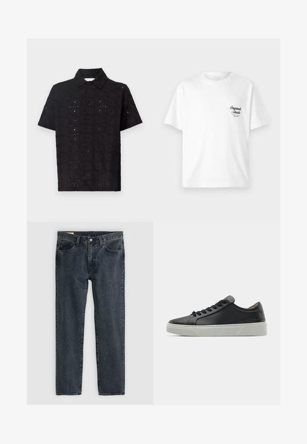 Kratkoročna črna majica iz teksturirane tkanine, ki ima vezen cvetlični vzorec in ovratnik z gumbom.; Bela bomba iz bombaža s krojnim ovratnikom, kratkimi rokavi in črnim tiskanim logotipom na levi strani prsnega koša, ki ima vintage pisavo.; Temno modri kavbojki z ravnim krojem, petimi žepi in zaklepanjem na gumb. Tkanina ima subtilno bledenje in teksturo.; Črne usnjene teniske z gladko teksturo, okroglo konico in črnimi vezalkami. Imajo debel bel gumijast podplat s subtilnimi geometrijskimi poudarki.