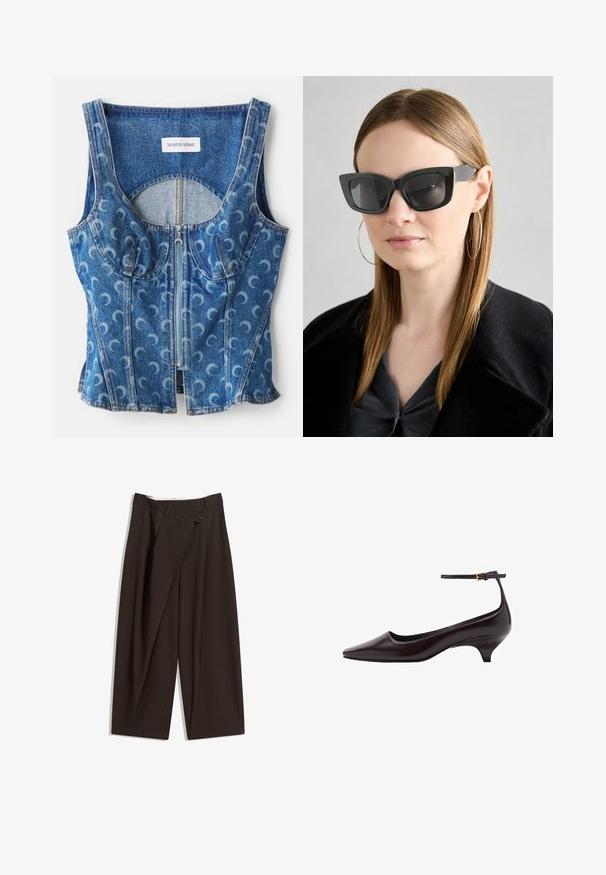 Denim kratek top s zadrgo spredaj, ukrivljenimi šivi in ponavljajočim se vzorcem polmesecev v svetlo modri barvi na temnejšem modrem osnovnem tonu.; Temno rjave široke hlače z visokim pasom, ki imajo en gumb za zapiranje in zamaščen sprednji del. Narejene so iz lahkega blaga.; Temno rjava usnjena čevlja s koničastim prstom in majhno peto, z ozkim gležnjenjem in majhno zlato zaponko.; Črne mačje očala s temnimi lečami, debelimi okvirji in subtilnimi detajli. Oblečena z črnim plaščem in sivim zgornjim delom, z dolgimi ravnimi lasmi.
