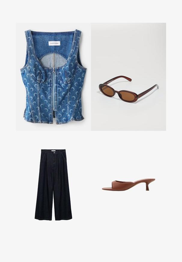 Denimový crop top s předním zipem, zaoblenými švy a opakujícím se vzorem srpku měsíce v světle modré barvě na tmavším modrém pozadí.; Tmavě modré široké kalhoty s vysokým pasem, které mají zapínání na přední knoflík, dvě boční kapsy a švy.; Hnědé sandály na podpatku s otevřenou špičkou a hladkým, matným povrchem, které mají zakřivený design a průhledný, zúžený podpatek.; Kulaté sluneční brýle hnědé barvy s lesklým burgundským rámem. Úzké nožičky s jemným logem. Rovné čočky.; Hnědá kožená kabelka s dvojitými popruhy, zaobleným tvarem, zlatými kovovými doplňky a centrálním detailem s přezkou. Hladký povrch s prošívanými akcenty.