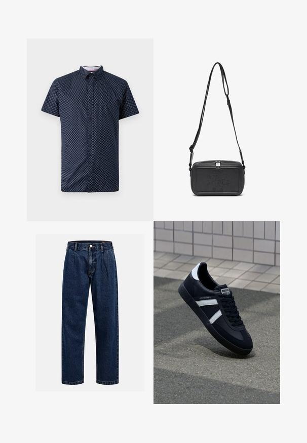 Tamsiai mėlynas trumpų rankovių marškinėliai su baltais taškeliais, turintys mygtukų užsegimą priekyje ir klasikinį apykaklę.; Tamsiai mėlynos džinsinės kelnės su tiesiu sijonu. Savybė - matoma siūlė, mygtuko uždarymas ir priekinei daliai raukiniai, suteikiantys papildomą detales.; Juodas odinis sportinis batelis su baltais dryžiais, tekstūruota gumine padais ir raišteliais priekyje. Yra prekės ženklą žymintis etiketė ant liežuvio.; Juodas odinis per petį nešiojamas krepšys su užtrauktuku, iškilniu logotipu priekyje ir reguliuojama dirželiu. Lygus paviršius, stačiakampio formos.