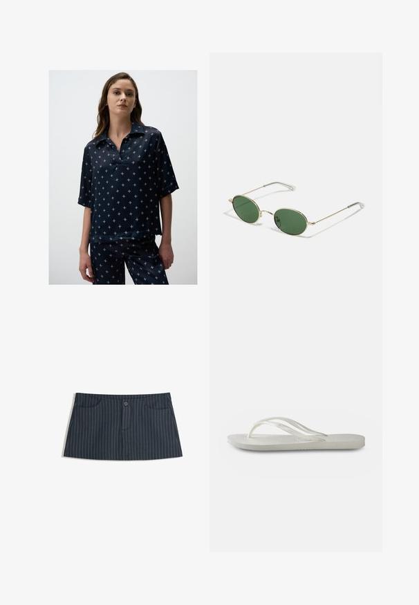 Navy blue, short-sleeve blouse with collared neckline, featuring a pattern of small, light-colored floral shapes, made of smooth fabric.; Navy blue pinstripe mini skirt with front pockets and a single button closure at the waist.; White flip-flop with a textured sole, featuring thin straps and a flat design. Made of rubber with a subtle logo on the footbed.; Gold-framed sunglasses with green oval lenses and thin metal arms. Features clear plastic tips on the arms for comfort.; Black leather handbag with a structured design, top handle, and fringe detailing. Features a detachable shoulder strap for versatility.
