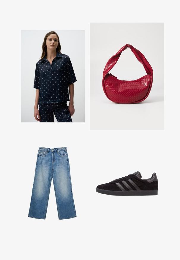 Blusa blu navy a maniche corte con collo, caratterizzata da un motivo di piccole forme floreali chiare, realizzata in tessuto morbido.; Jeans in denim blu a gamba ampia con lavaggio chiaro, dotati di cinque tasche, chiusura con bottone e cuciture a vista lungo le cuciture.; Sneaker nere in suede con suole in gomma testurizzata, dotate di tre strisce in pelle nera, punta arrotondata e collo imbottito alla caviglia.; Borsa a tracolla in pelle intrecciata rossa con manico curvo e imbottito, chiusura a zip e finitura testurizzata, con una lucentezza brillante.