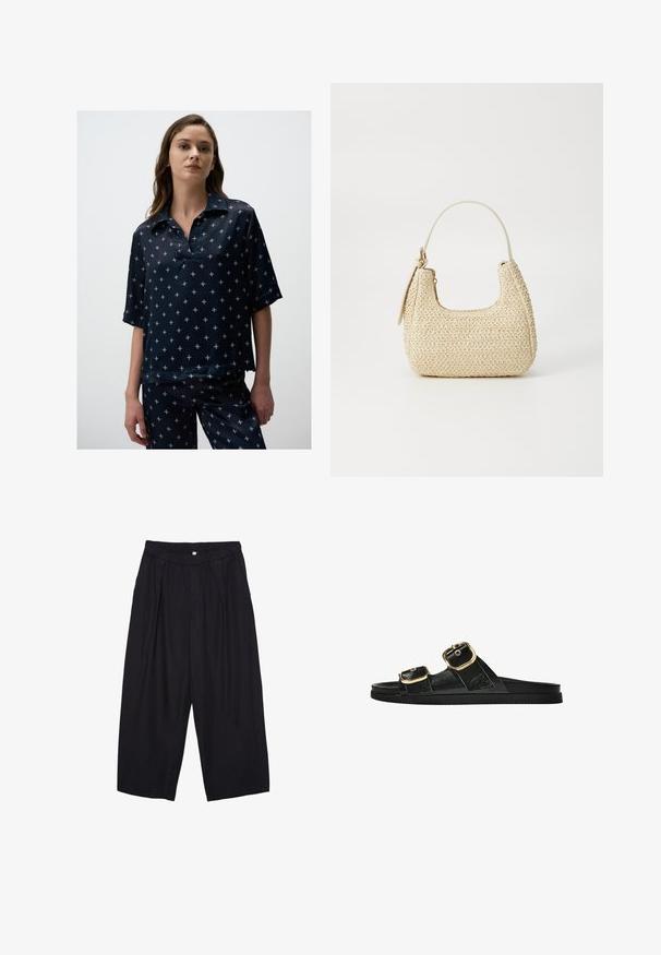 Granatowa bluzka z krótkim rękawem i kołnierzykiem, z wzorem małych, jasnych kształtów kwiatowych, wykonana z gładkiego materiału.; Czarne spodnie culotte z poliestru z elastycznym pasem, dwoma fałdami z przodu i luźnym krojem. Brak widocznych wzorów lub elementów metalowych.; Czarne klapki z dwoma złotymi klamrami, gładki materiał, płaska podeszwa i minimalistyczny design.; Torebka z plecionego słomy w odcieniu beżowym o zaokrąglonym kształcie, z krótkim uchwytem i bocznym zamkiem błyskawicznym. Posiada teksturowaną powierzchnię i minimalistyczny design.