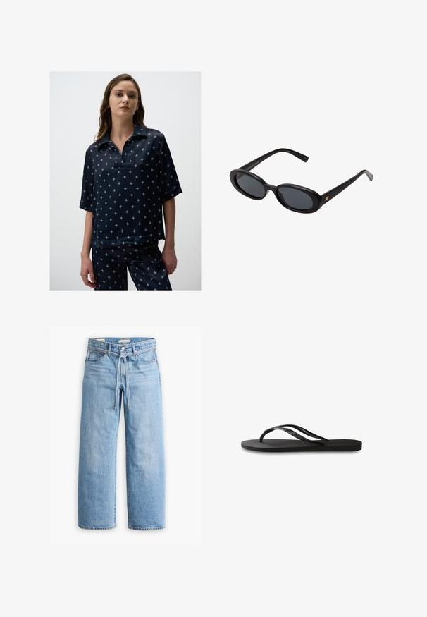 Dunkelbluse mit kurzen Ärmeln und kragenförmigem Ausschnitt, versehen mit einem Muster aus kleinen, hellen Blumenformen, aus glattem Stoff gefertigt.; Hellblaue Jeans im weiten Schnitt mit hoher Taille, Knopf- und Reißverschluss sowie einer Kordelzugdetails an der Taille. Roh geschnittener Saum.; Schwarze Flip-Flops mit einer strukturierten Gummisohle, zwei schlanken Riemen und einem dezenten, geprägten Logo-Detail auf dem Riemen.; Schwarze, oversized Sonnenbrillen mit ovalen Gläsern, glattem Kunststoffrahmen und goldenen Akzenten an den Bügeln. Die dunklen Gläser bieten Sonnenschutz.