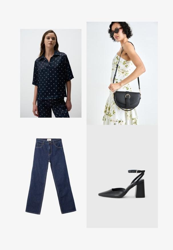 Navy blue, short-sleeve blouse with collared neckline, featuring a pattern of small, light-colored floral shapes, made of smooth fabric.; Dark blue straight-leg jeans with front pockets, belt loops, and a button closure.; Black leather pointy-toe pump with an ankle strap and a chunky heel. Flat texture, sleek design, and minimalistic aesthetics.; Black leather handbag with a curved shape, detachable strap, and gold hardware. The bag features a flap with a buckle detail.