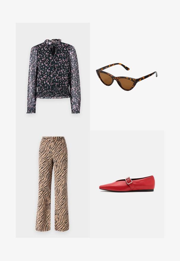 Schwarze Bluse mit floralem Muster, langen transparenten Ärmeln, gerafftem Taillenbereich und einem rüschierten Ausschnitt. Verfügt über kleine rosa und blaue Blumenmuster.; Weite Hosen mit einem Tigermuster in Braun- und Schwarztönen, mit normaler Taille und fünf Taschen.; Rote Leder-Ballerina mit einer spitzen Zehe, ausgestattet mit einem Seitenriemen mit einer Metallschnalle und einem niedrigen schwarzen Absatz. Glatte Textur über die gesamte Fläche.; Katzenaugen-Sonnenbrille mit einem schwarz-orangenen Schildpattrahmen, braunen Gläsern und schlanken, spitzen Enden. Verfügt über ein minimalistisches Logo am Bügel.