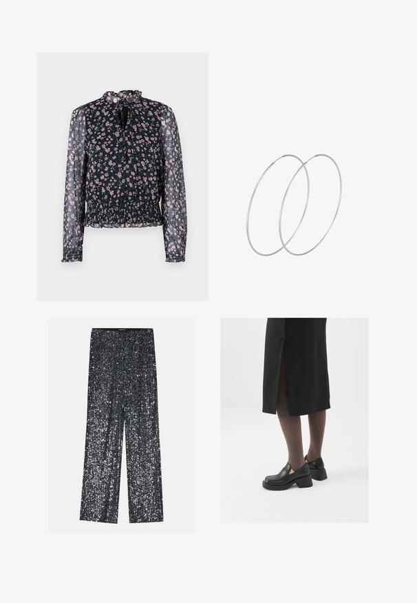 Blusa negra con estampado floral, de mangas largas y transparentes, con cintura fruncida y un escote con volantes. Presenta pequeños patrones de flores rosas y azules.; Pantalones palazzo negros de lentejuelas con diseño de pierna ancha y cinturilla elástica, que presentan una superficie brillante y texturizada que refleja la luz.; Zapatos de piel negra con punta redondeada, tacón grueso y bloque, y acentos elásticos en los laterales, combinados con unos pantys oscuros y una falda negra con una abertura.; Pendientes de aro plateados con un diseño minimalista. Forma circular, textura suave y perfil delgado. Livianos con un acabado pulido.