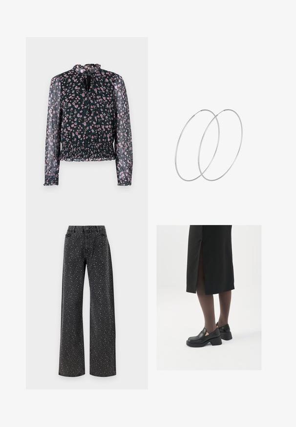 Čierna kvetinová blúzka s dlhými priesvitnými rukávmi, smockovaným pásom a volánovým výstrihom. Obsahuje malé ružové a modré kvetinové vzory.; Noisy May NMJANNEL LOOSE - Džínsy voľného strihu - black denim; Čierne kožené topánky s okrúhlou špičkou, silným blokovým opätkom a elastickými bočnými akcentmi, skombinované s tmavými pančuchami a čiernou sukňou so štiepením.; Strieborné kruhové náušnice s minimalistickým dizajnom. Cirkulárny tvar, hladký povrch a tenký profil. Ľahké s lesklým povrchom.