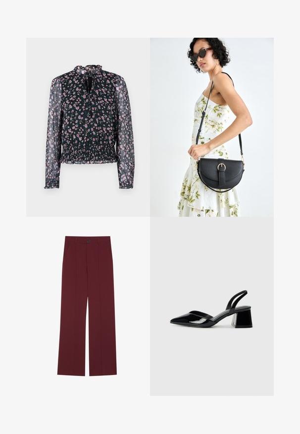 Crna cvjetna bluza s dugim prozirnim rukavima, smotanom strukom i naboranim izrezom. Sadrži male uzorke ružičastih i plavih cvjetova.; Bordo hlače s širokim nogavicama, koje imaju cop u struku, dva bočna džepa i naborani prednji detalj. Glatka tekstura tkanine.; Crne lakirane kožne sandale s otvorenom petom i špicastim vrhom, s geometrijskom blok petom. Imaju elegantan, minimalistički dizajn i glatku teksturu.; Crna kožna torba s lukovitim oblikom, odvojivim remenom i zlatnim detaljima. Torba ima preklop s kopčom.