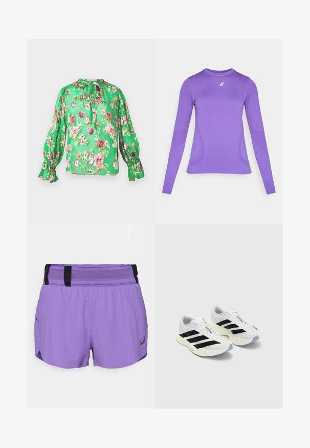 Blusa floreale in tessuto verde brillante con maniche a sbuffo, dettagli a volant e scollatura arricciata. Presenta una stampa floreale multicolore.; Maglietta sportiva a maniche lunghe in tessuto viola chiaro, con un design aderente, collo rotondo e una texture sottile con un dettaglio del logo sul petto.; ASICS METARUN SPLIT SHORT - Pantaloncini sportivi - edo purple; Scarpe sportive bianche con strisce e marchio neri, dotate di tomaia in rete, punta arrotondata e suola spessa di color crema per un'ammortizzazione ottimale.
