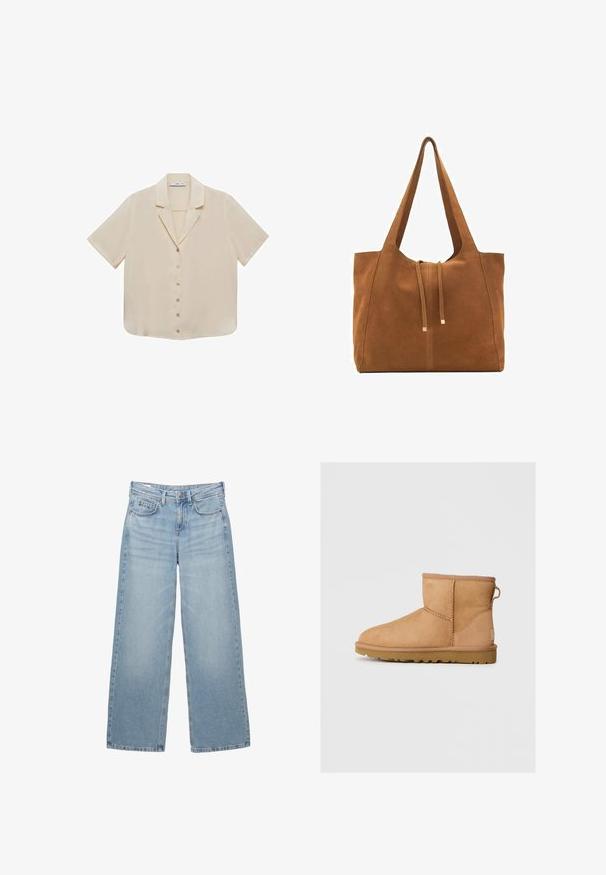Krátky rukáv, béžová blúzka s hladkou textúrou, golierom a šiestimi centrálnymi gombíkmi. Priamy strih a jemný materiál.; Biela bavlnená tričko s krátkymi rukávmi, okrúhlym výstrihom a voľným strihom. Materiál vyzerá hladko, bez viditeľných vzorov alebo grafiky.; Svetlomodré denimové nohavice s širokými nohavicami a vysokým pásom, s piatimi vreckami a jemným vyblednutím, s kovovým gombíkom a pútkami na opasok.; Svetlohnedé semišové členkové topánky s okrúhlou špičkou, prešívaním, pútkom na zadnej strane a textúrovanou gumovou podrážkou. Navrhnuté pre pohodlie a teplo.; Hnedá semišová taška cez rameno s dvoma dlhými popruhmi, sťahovacou šnúrkou a minimalistickým dizajnom. Hladký povrch a žiadne viditeľné kovové doplnky.