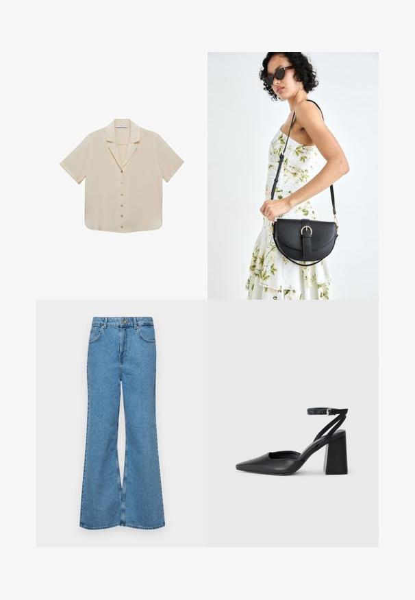 Krátky rukáv, béžová blúzka s hladkou textúrou, golierom a šiestimi centrálnymi gombíkmi. Priamy strih a jemný materiál.; Svetlomodré rozšírené džínsy vyrobené z denimu, s vysokým pásom, piatimi vreckami a jednopoložkovým zapínaním na gombík. Mäkká textúra s vyblednutým povrchom.; Čierne kožené lodičky s špicatou špičkou a členkovým remienkom, s masívnym podpätkom. Hladký povrch, elegantný dizajn a minimalistická estetika.; Čierna kožená kabelka s zaobleným tvarom, odnímateľným popruhom a zlatými doplnkami. Kabelka má klopu s detailom s prackou.