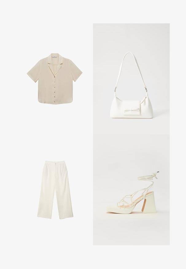 Short-sleeve, beige blouse with a smooth texture, lapel collar, and six central buttons. Straight-cut hem and soft fabric.; Wide-leg trousers in cream fabric with a smooth texture, featuring a single front button, subtle pleats, and a high waist design.; White high-heeled sandal with a chunky heel, featuring a strappy design and ankle tie. Smooth texture with a platform front for added height.; White synthetic handbag with a triangular shape, flat front flap and bow detail, adjustable strap, smooth texture, and minimalistic design.