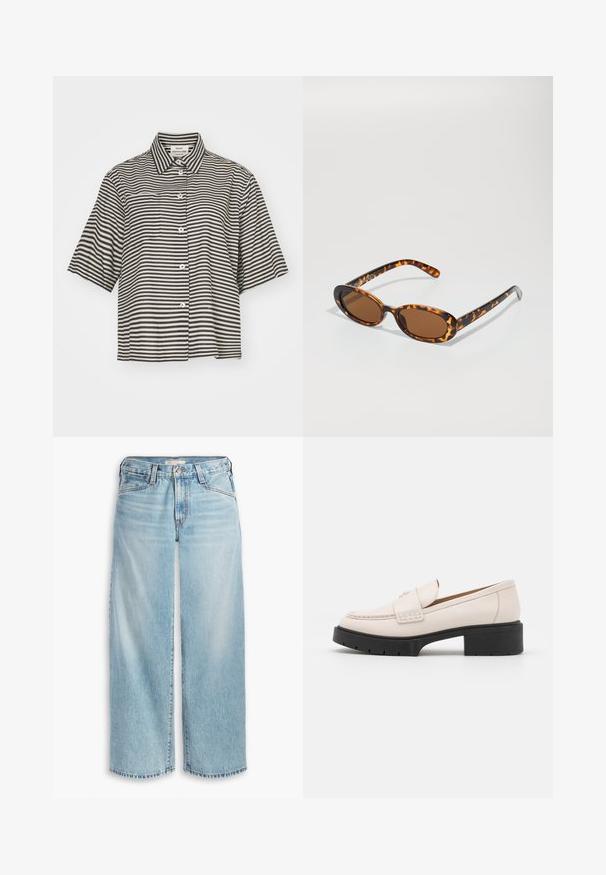 Mads Nørgaard COLIN LORELLA - Blúzka so zapínaním na gombíky - black; Svetlomodré džíny s voľnými nohavicami vyrobené z denimu, s vysokým pásom, gombíkovým zapínaním a rozstrapkaným lemom. Viditeľné švy a vrecká.; Svetlo béžové kožené mokasíny s prešitým predom a textúrovaným čiernym platformovým podpätkom. Vlastnosti zahŕňajú zakrivený dizajn a mierne zvýšenie.; Žlté slnečné okuliare s oválnymi rámami, hnedými sklami a štíhlymi čiernymi stranami s jemnými vzorovými akcentmi.