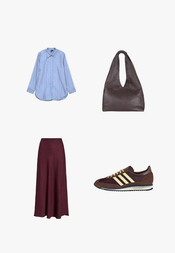 Šviesiai mėlyna ilgarankovė medvilninė marškinėliai su vertikaliomis baltomis juostelėmis, apykakle ir sagomis priekyje, suapvalintu apatine dalimi.; Bordo satino sijonas iki žemės su glotnia tekstūra, aukštu liemeniu ir laisva siluetu, kuris švelniai plečiasi link apatinio krašto.; Rudi ir burgundiški sportbačiai, pagaminti iš suedės ir tinklinės medžiagos, su trimis grietinėlės spalvos juostelėmis, tekstūruota medžiaga ant liežuvėlio ir guminis padas.; Rudas odinė rankinė su krentančiu, dideliu dizainu. Pasirinkta kilpos rankena ir gili V-formos ertmė patogiam prieigai. Minkštas audinys, minimalistinis stilius.