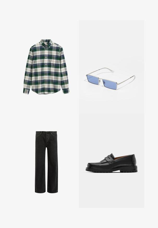 Zielona i biała koszula w kratę z guzikiem i kołnierzykiem, z granatowymi, szarymi i pomarańczowymi akcentami. Posiada kieszonkę na lewej piersi.; Czarne dżinsy o szerokich nogawkach z wysokim stanem, z klasycznym pięciopunktowym krojem oraz delikatnym wyblaknięciem dla uzyskania teksturowanego wyglądu.; Czarne skórzane mokasyny mają wyraźny szew, dwa dekoracyjne paski na górze oraz grubą, teksturowaną podeszwę dla lepszej przyczepności.; Metalowe okulary przeciwsłoneczne o prostokątnym kształcie, z niebieskimi szkłami i srebrną oprawą. Posiadają poduszki na nosie oraz cienkie, proste ramiona zauszników.