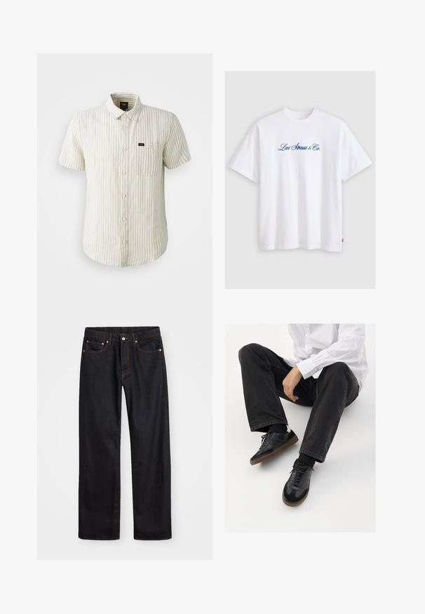 Korte ermeskjorte i beige med lysegrå vertikale striper, med knappe-lukking, krage og en enkelt brystlomme.; Hvit bomulls t-skjorte med en blå kursiv "Levi Strauss & Co." logo på fronten, med korte ermer og rund hals.; Men's straight-leg svarte denim jeans med fem lommer og oransje søm, knapp og glidelås lukking foran på midjen.; Svarte joggesko med en glatt og teksturert overflate, med gummisåle og mørke snører. Kombinert med svarte jeans og en hvit stripet skjorte.